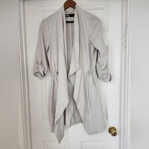 Zara Open Front Cinch Waterfall Blazer Jacket in Beige.